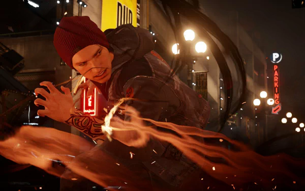 A dynamic HD wallpaper from the video game inFAMOUS: Second Son, featuring a character wielding fiery powers in an urban setting, capturing the game's vibrant action and atmosphere.