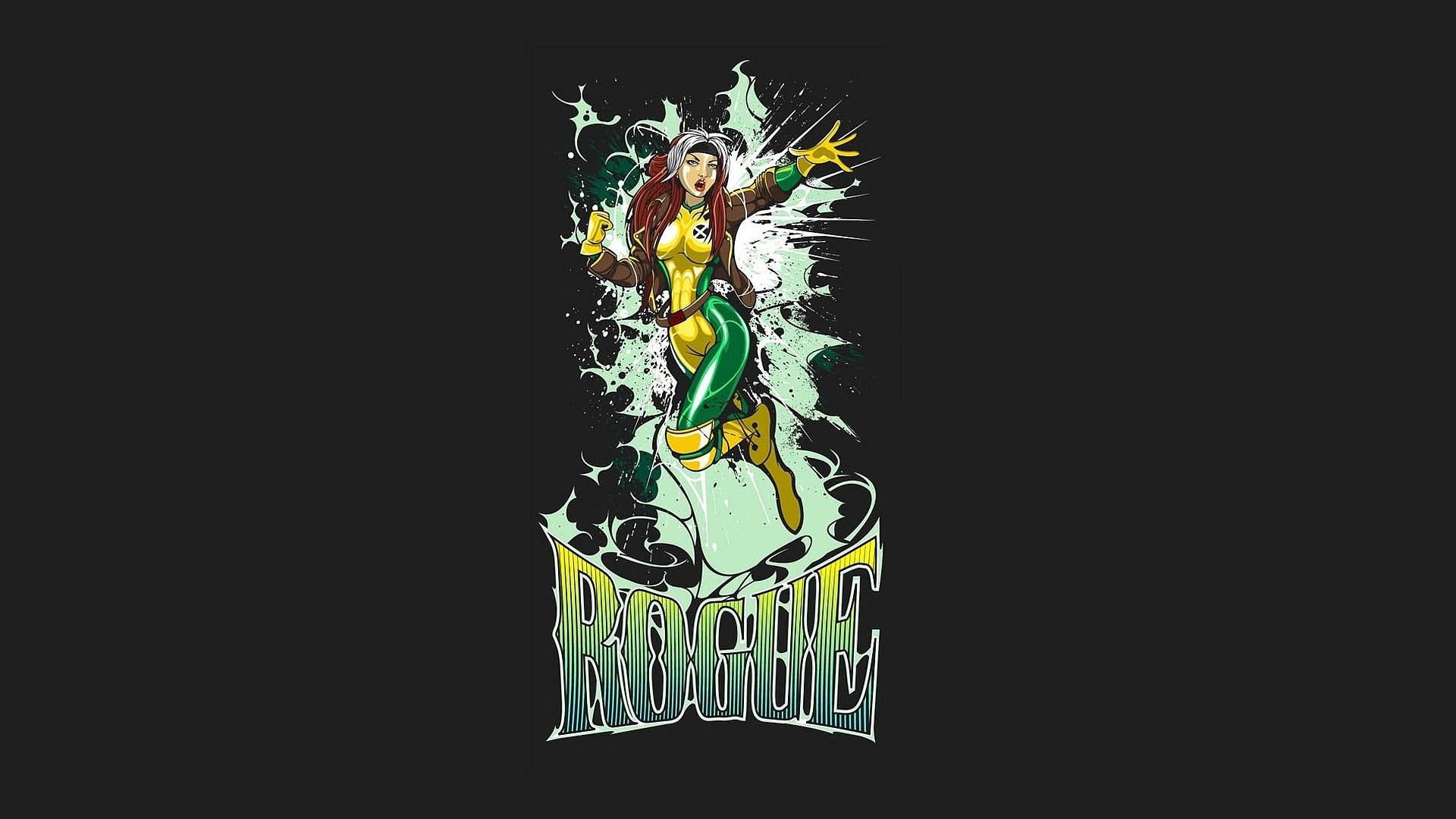 HD PC desktop wallpaper of Marvel's Rogue (X‑Men) in a green-and-yellow costume with white hair streak, crackling energy aura and stylized Rogue logo on a dark background.