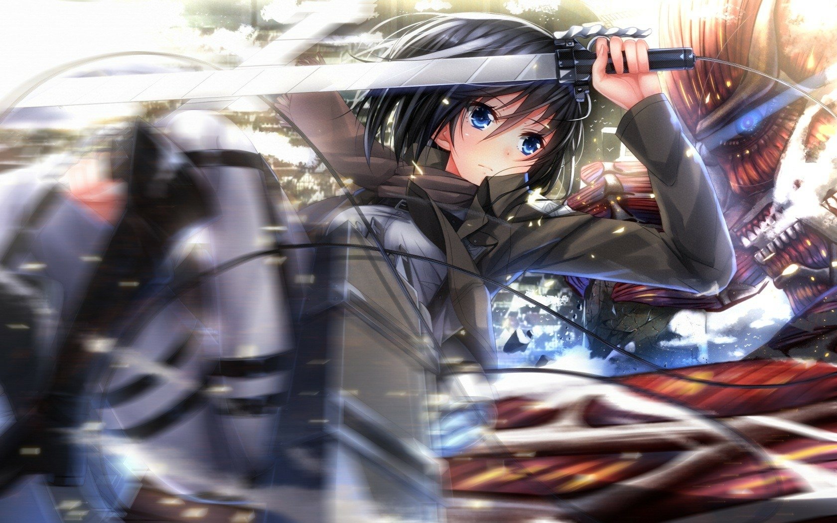 HD wallpaper featuring Mikasa Ackerman from Attack on Titan, poised dynamically with a blade and a dramatic, vibrant backdrop.