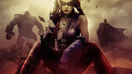 HD wallpaper featuring Harley Quinn, Solomon Grundy, and Batman from the video game Injustice: Gods Among Us, set against a dramatic, action-packed background.