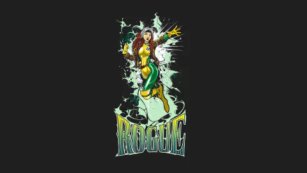 HD PC desktop wallpaper of Marvel's Rogue (X‑Men) in a green-and-yellow costume with white hair streak, crackling energy aura and stylized Rogue logo on a dark background.