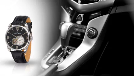 HD desktop wallpaper featuring a Jack Pierre man-made watch alongside a close-up of a modern car's gear shift and control panel.