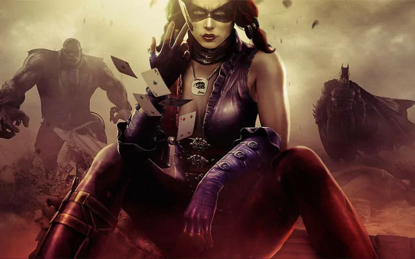 HD wallpaper featuring Harley Quinn, Solomon Grundy, and Batman from the video game Injustice: Gods Among Us, set against a dramatic, action-packed background.