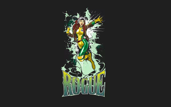 HD PC desktop wallpaper of Marvel's Rogue (X‑Men) in a green-and-yellow costume with white hair streak, crackling energy aura and stylized Rogue logo on a dark background.