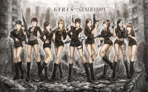HD PC desktop wallpaper featuring Girls' Generation (SNSD) in stylish black outfits, set against a dramatic urban backdrop, celebrating their iconic music legacy.