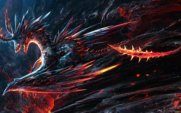 HD desktop wallpaper featuring a vibrant fantasy dragon with glowing red and dark blue scales, set against a dynamic, textured background.