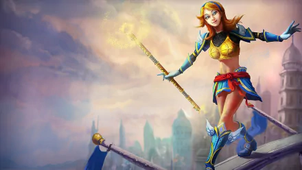 Lux (League of Legends) stands on a rooftop with a glowing staff, city skyline behind her — HD PC desktop wallpaper/background of the video game champion.