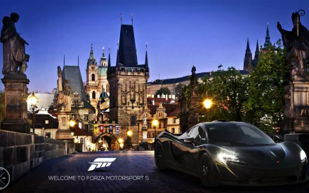 HD PC desktop wallpaper featuring a sleek sports car on a historic city street at dusk, themed around the video game Forza Motorsport 5.