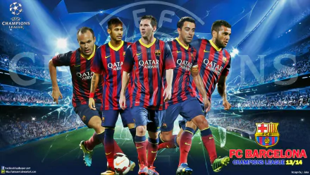 HD desktop wallpaper featuring FC Barcelona stars in action during the UEFA Champions League. A dynamic sports-themed design showcasing iconic players and vibrant stadium lights.