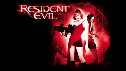 A striking HD wallpaper featuring Michelle Rodriguez and Milla Jovovich from the movie *Resident Evil*, set against a dramatic backdrop of rain and vibrant red tones.