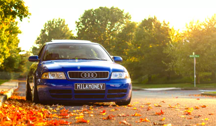A stunning blue Audi A4 parked on a street surrounded by autumn leaves, capturing the essence of fall in a vibrant HD desktop wallpaper.