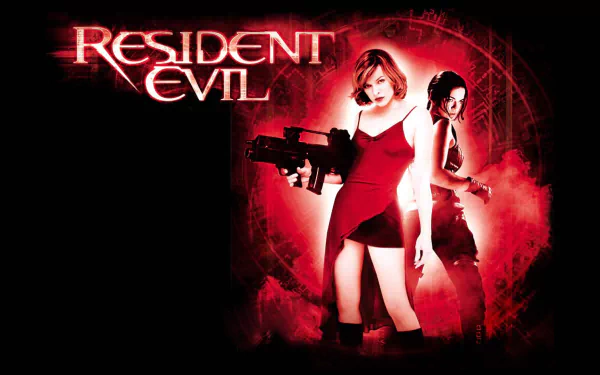 A striking HD wallpaper featuring Michelle Rodriguez and Milla Jovovich from the movie *Resident Evil*, set against a dramatic backdrop of rain and vibrant red tones.