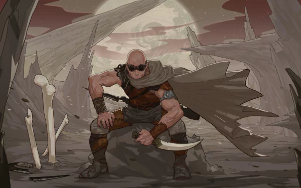 HD PC desktop wallpaper featuring Riddick from The Chronicles of Riddick, depicted in a dynamic pose with a blade amidst a desolate, rocky landscape.
