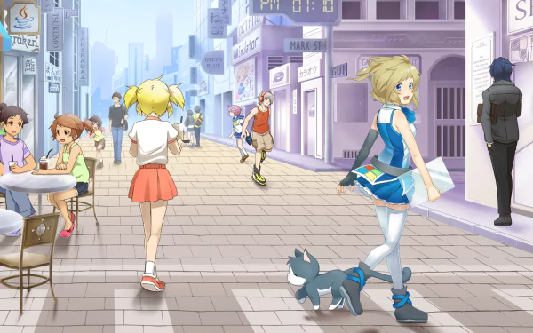 HD PC desktop wallpaper by zirong: anime Os-tan Inori Aizawa strolls a blue cat down a sunlit city street as café patrons and pedestrians fill the background.