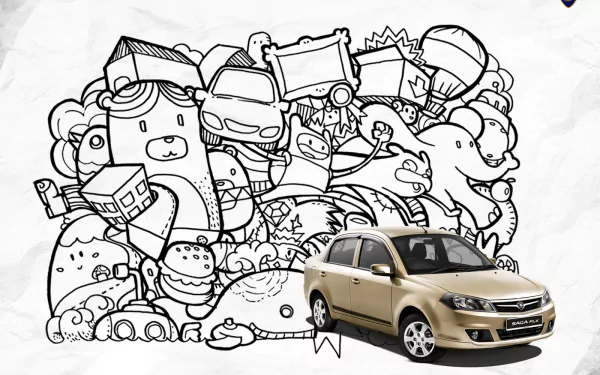 HD PC desktop wallpaper featuring a Proton vehicle against a background of playful black-and-white doodle art with various cartoon characters and objects.
