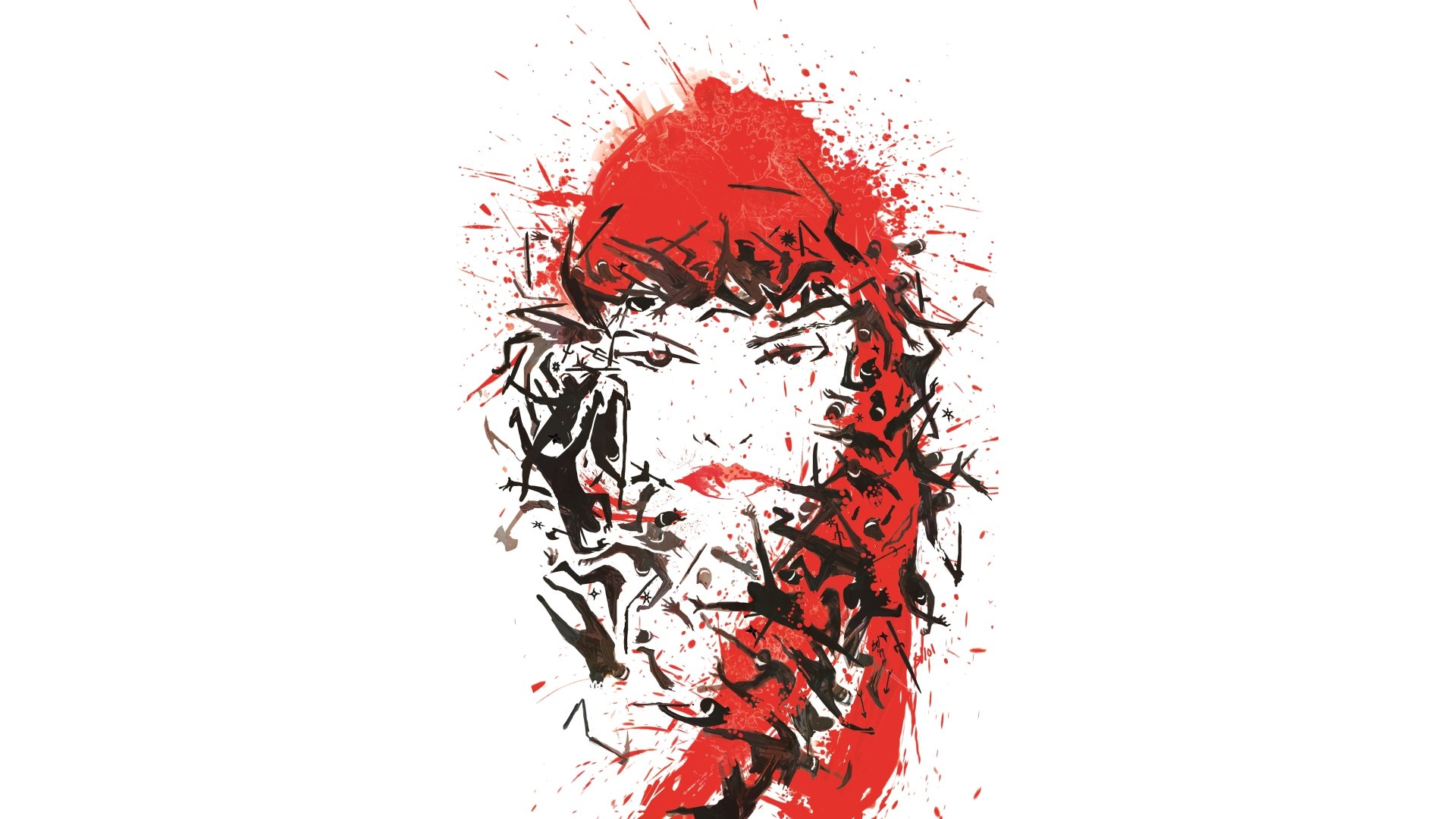 Stylized red-and-black comic portrait of Elektra (Marvel Comics) with blood-splatter brushstrokes — 5K Ultra HD PC desktop wallpaper/background.