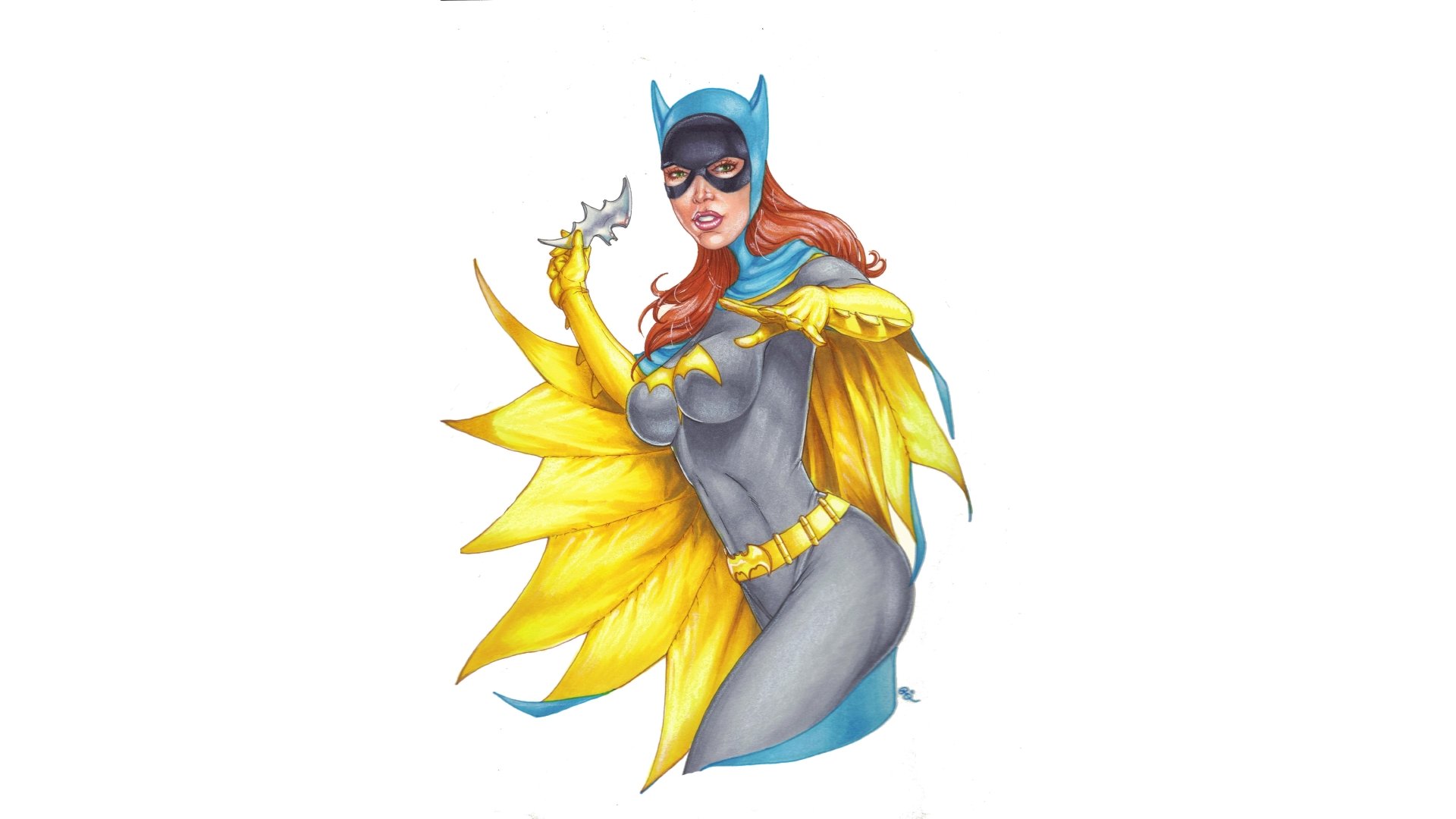 Comic-style Batgirl in vibrant yellow and gray costume, holding a small bat, designed as a 4K Ultra HD PC desktop wallpaper and background.