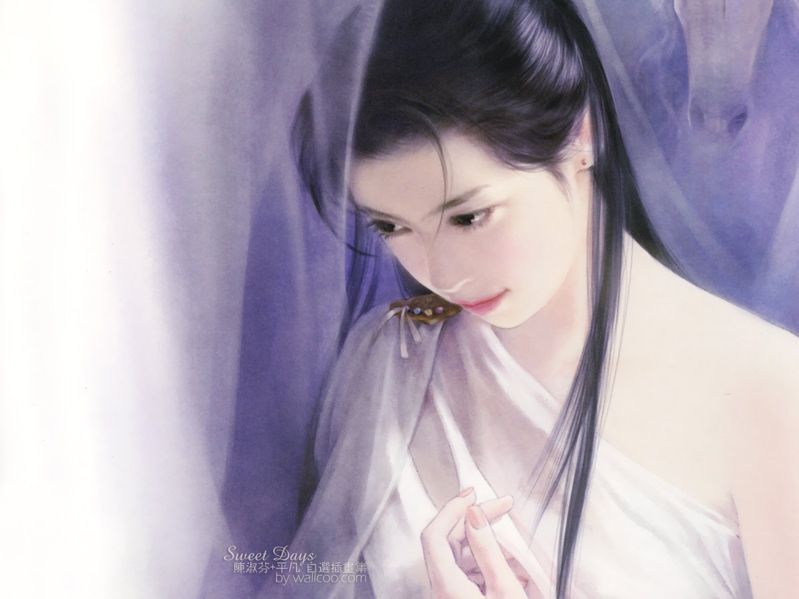 HD PC desktop wallpaper featuring a serene Korean woman with long dark hair, softly illuminated against a purple-hued background.