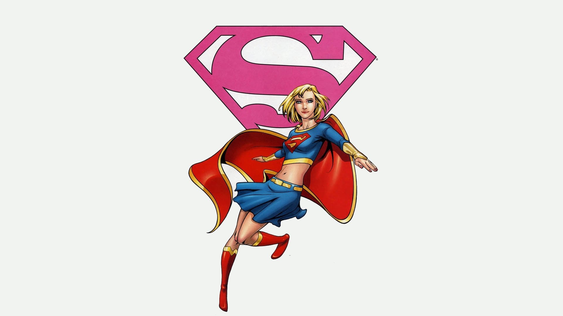 HD PC desktop wallpaper featuring a dynamic comic-style Supergirl with her cape flowing and the iconic pink Superman emblem in the background.