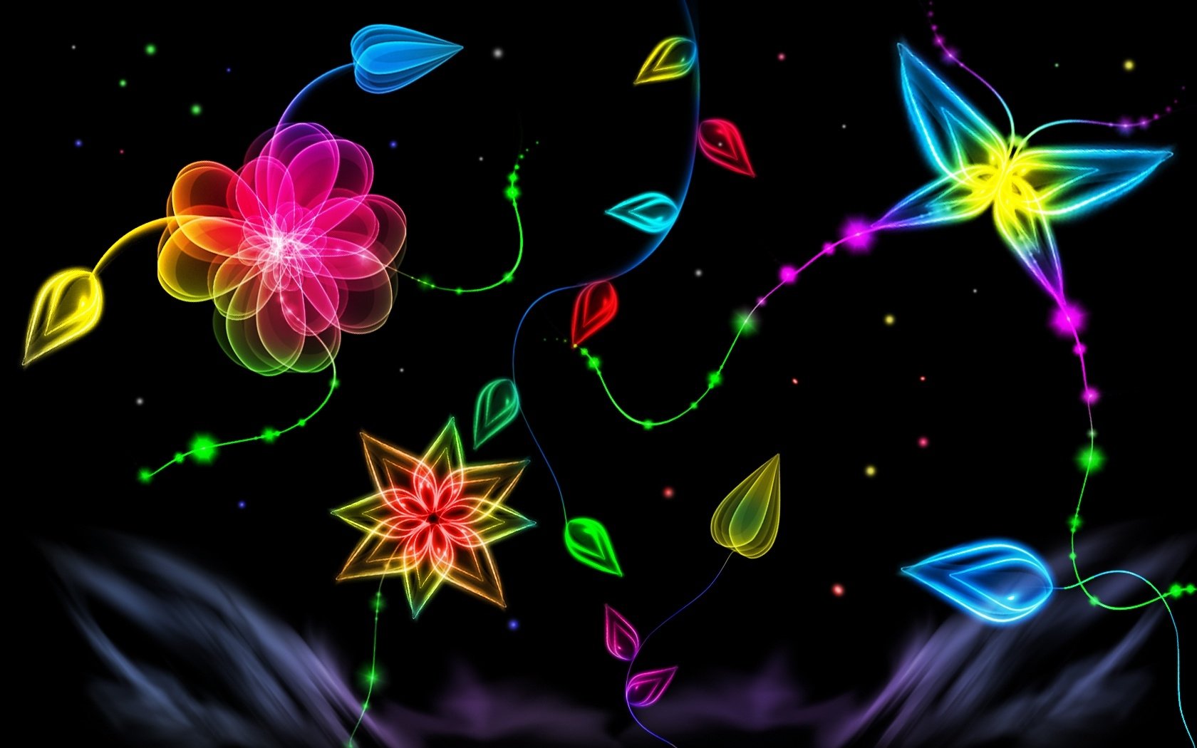 Artistic neon flowers and leaves glowing vibrantly against a dark background, designed as an HD PC desktop wallpaper and background.