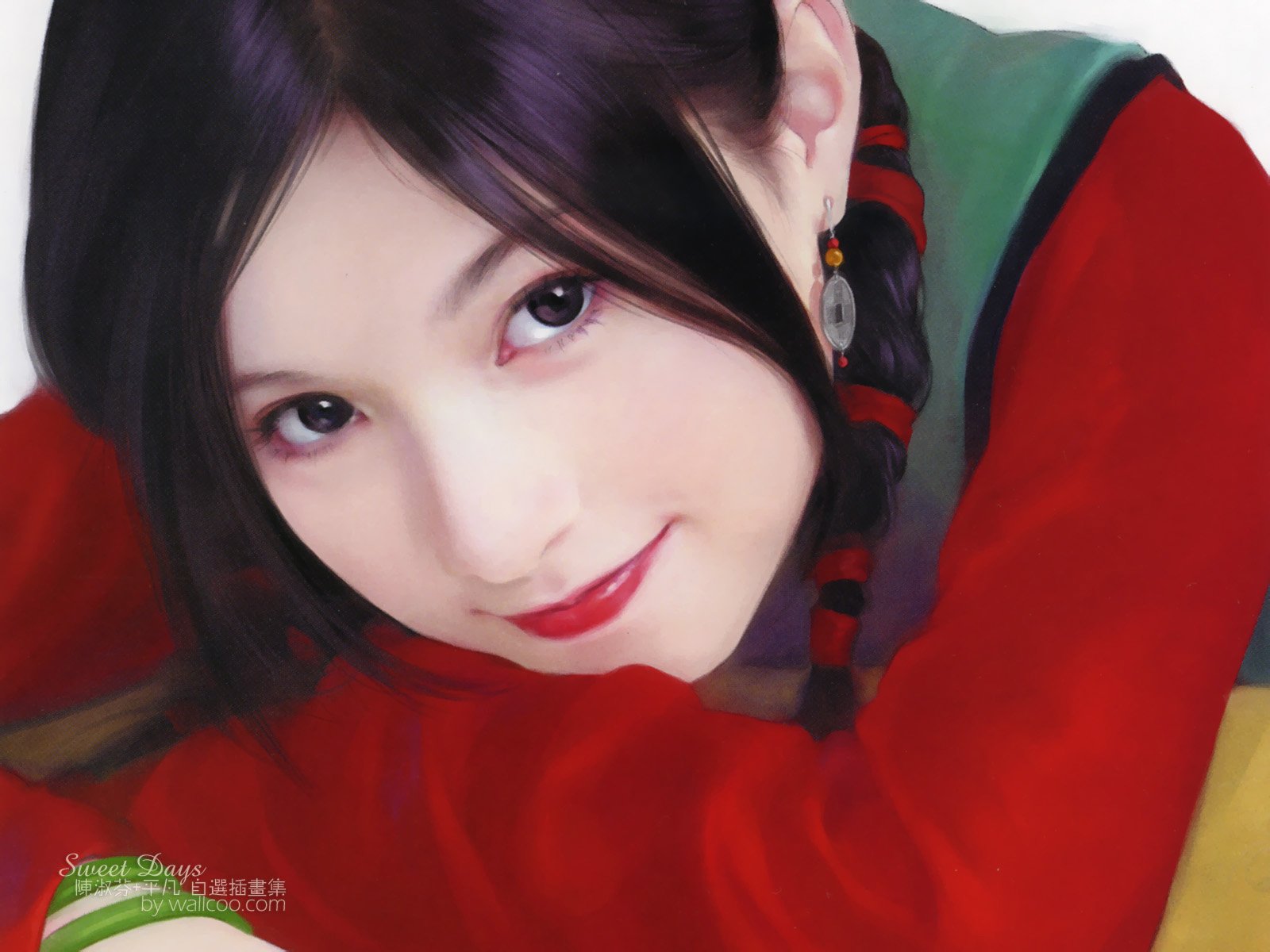 HD desktop wallpaper featuring a close-up of a Korean woman with dark hair, wearing a red outfit and earrings, smiling softly with a gentle expression.