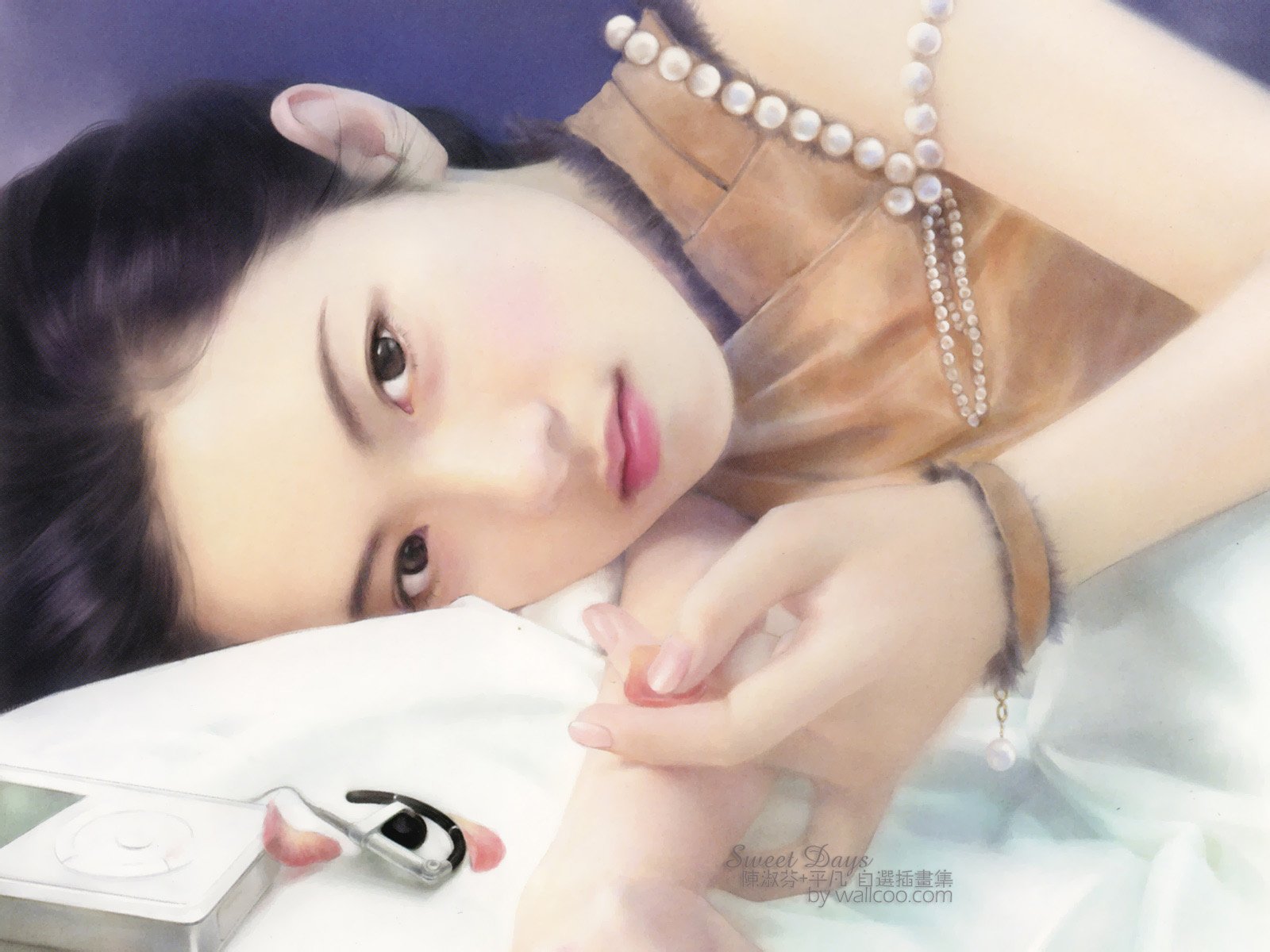 HD PC desktop wallpaper featuring a close-up portrait of a Korean woman with soft makeup, pearl necklace, and gentle expression, lying on a white surface.