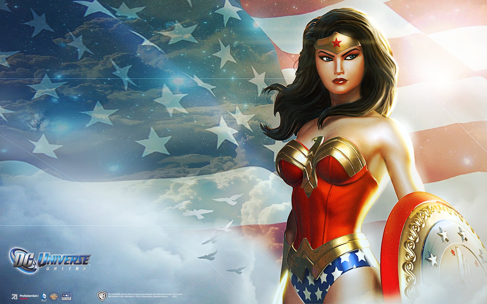HD PC desktop wallpaper featuring Wonder Woman from the video game DC Universe Online, standing confidently with an American flag backdrop.