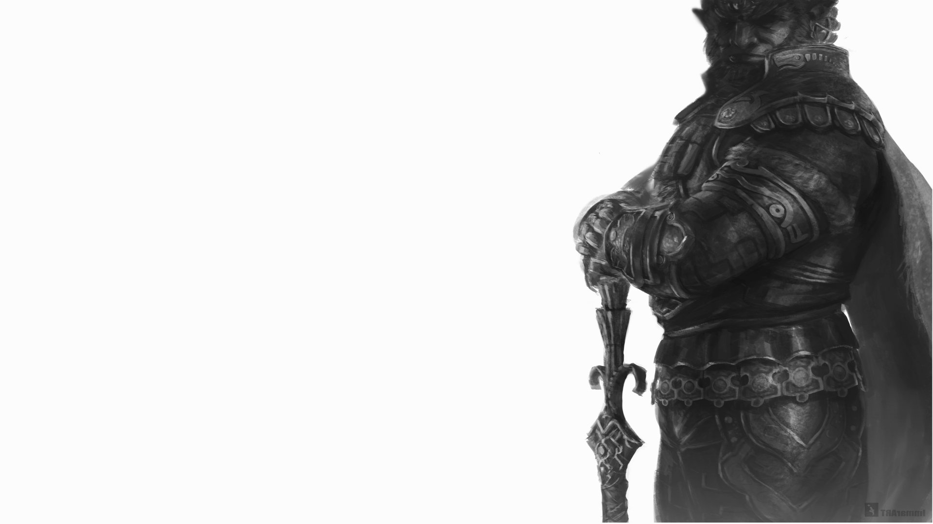 Monochrome 8K Ultra HD PC desktop wallpaper featuring a detailed, armored warrior from The Legend of Zelda video game series, holding a sword with a confident stance.