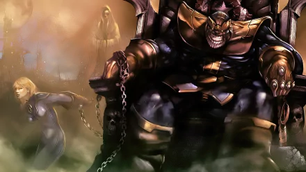 HD desktop wallpaper featuring a menacing Thanos sitting on a throne with chains in his hand, set against a dark, ominous background with other characters.