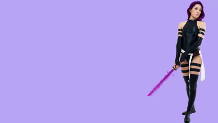 Psylocke from Marvel Comics in detailed cosplay, holding a glowing purple energy sword, set against a solid lavender background in 4K Ultra HD.