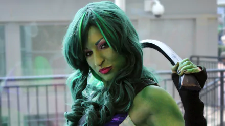 HD PC desktop wallpaper featuring a woman in detailed She-Hulk cosplay with green skin and long green hair, holding a weapon over her shoulder.