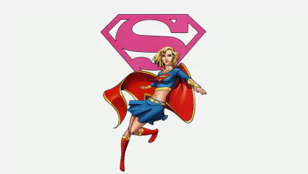 HD PC desktop wallpaper featuring a dynamic comic-style Supergirl with her cape flowing and the iconic pink Superman emblem in the background.