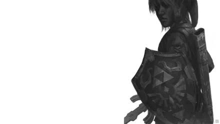 Black and white 8K Ultra HD PC wallpaper of Link from The Legend of Zelda, showcasing detailed shading and iconic shield design.