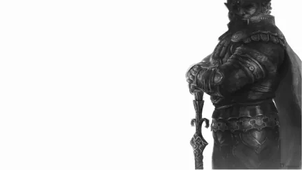 Monochrome 8K Ultra HD PC desktop wallpaper featuring a detailed, armored warrior from The Legend of Zelda video game series, holding a sword with a confident stance.
