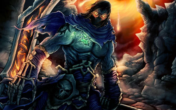 An HD desktop wallpaper from Darksiders II featuring a dark, armored warrior wielding a sword, set against a dramatic, fiery landscape.