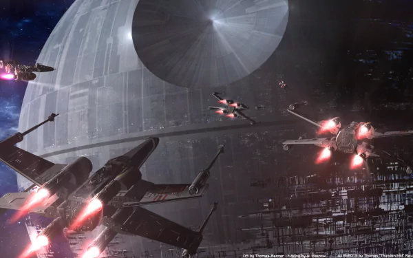 An epic sci-fi scene featuring the Death Star and X-Wing fighters, capturing the thrilling atmosphere of Star Wars. This vibrant HD desktop wallpaper enhances any background.
