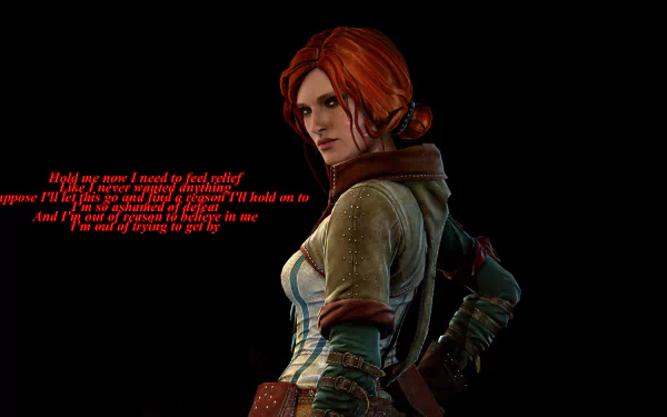 Triss Merigold from The Witcher 3: Wild Hunt features in this HD PC desktop wallpaper, showcasing her striking appearance and confident demeanor.