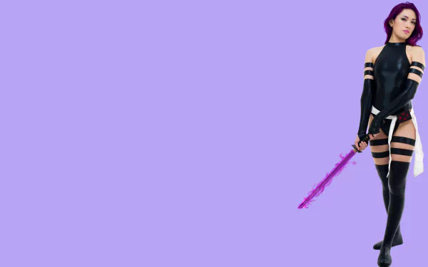 Psylocke from Marvel Comics in detailed cosplay, holding a glowing purple energy sword, set against a solid lavender background in 4K Ultra HD.