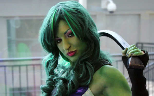 HD PC desktop wallpaper featuring a woman in detailed She-Hulk cosplay with green skin and long green hair, holding a weapon over her shoulder.