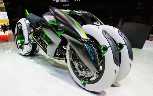 A sleek Kawasaki Electric J motorcycle with an innovative design featuring unique white wheels, showcased as a vibrant 4K Ultra HD PC desktop wallpaper.