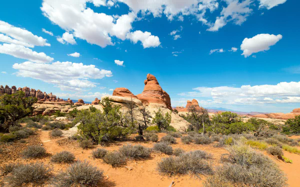 A vibrant desert landscape with red rock formations, scattered shrubs, and a bright blue sky with fluffy clouds, captured in 4K Ultra HD for a PC desktop wallpaper.