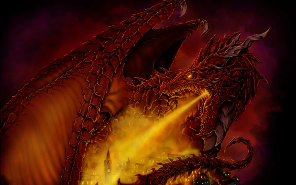 A stunning HD wallpaper featuring a fierce dragon breathing fire against a dramatic fantasy backdrop. The intense reds and yellows create a captivating atmosphere.