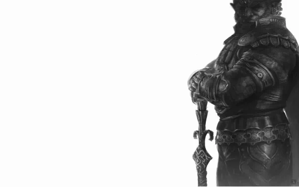 Monochrome 8K Ultra HD PC desktop wallpaper featuring a detailed, armored warrior from The Legend of Zelda video game series, holding a sword with a confident stance.