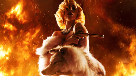 4K Ultra HD wallpaper featuring Lady Gaga as La Camaleón from the movie Machete Kills, set against a fiery, intense background.