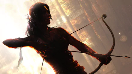 Silhouetted Lara Croft from the Tomb Raider video game, drawing a bow, depicted in a dramatic 4K Ultra HD PC desktop wallpaper and background.
