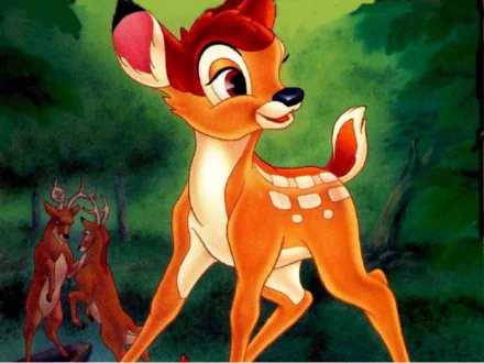 HD PC desktop wallpaper featuring Bambi, the young deer from the classic movie, standing in a lush forest with other deer in the background.