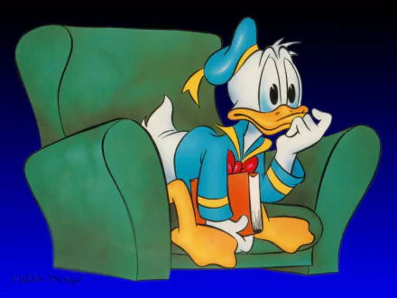 HD desktop wallpaper featuring Donald Duck from Disney movies, sitting pensively in a green armchair with a book in hand.