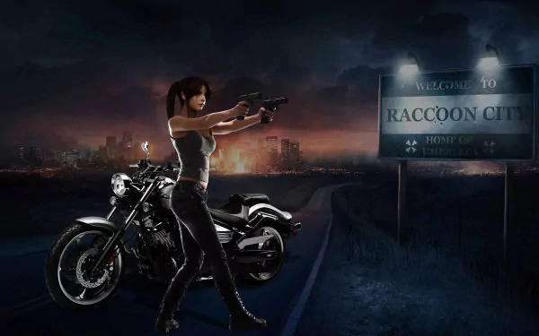 A dynamic scene from Resident Evil: Operation Raccoon City, featuring a character aiming a gun beside a motorcycle, with a dark cityscape and a Welcome to Raccoon City sign in the background.