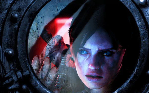 A captivating 4K Ultra HD wallpaper featuring Jill Valentine from Resident Evil: Revelations, showcasing her intense expression through a round porthole with a dramatic background.