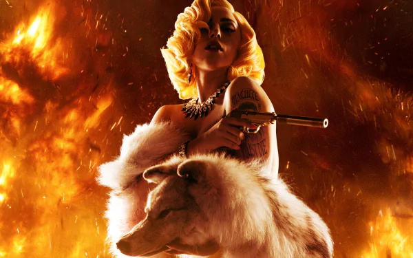 4K Ultra HD wallpaper featuring Lady Gaga as La Camaleón from the movie Machete Kills, set against a fiery, intense background.